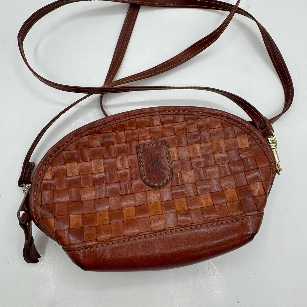 Vintage Hartmann By Lombardo Cognac Brown Woven Leather Crossbody Bag Purse
